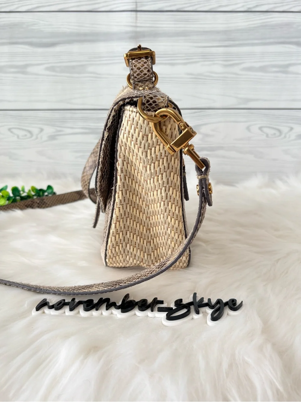 Tory Burch 797 Medium‎ Natural Raffia Snakeskin Print Flap Satchel Shoulder Bag.